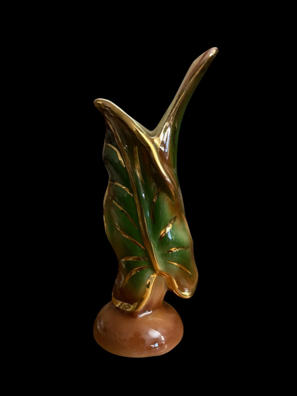 Vintage 1950s Schafer Pottery Vase 23K Gold Accents Banana Leaf 7” Tall